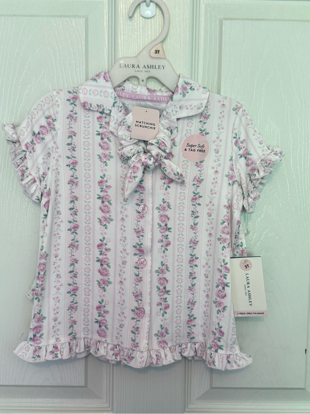 White & Pink Floral Button-Front Girls Top with Scrunchie